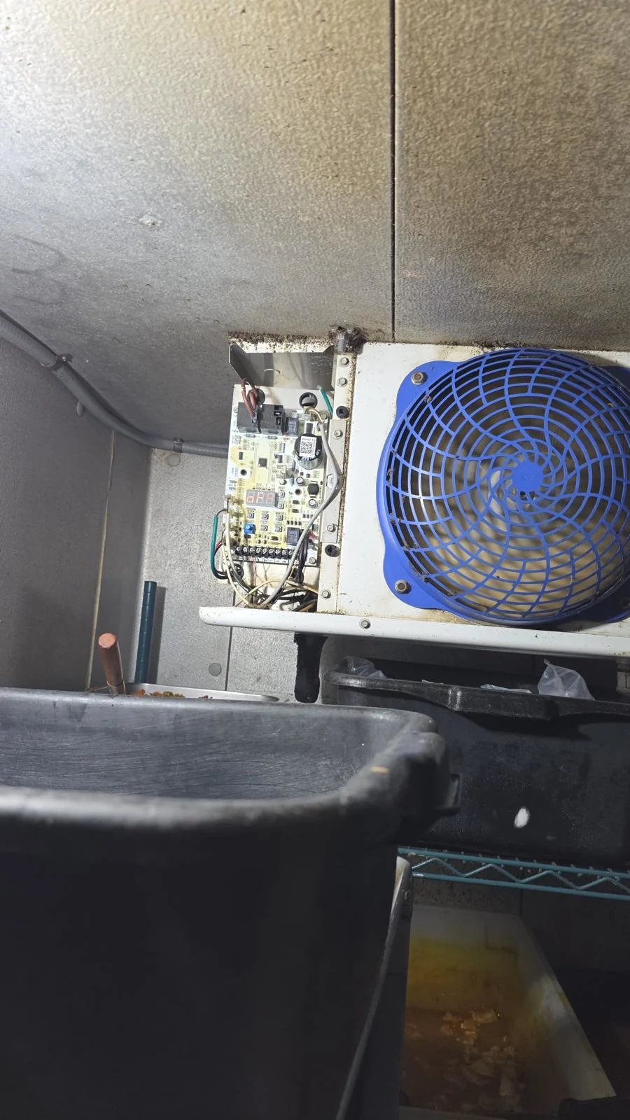Close-up of walk-in cooler evaporator electronic control board